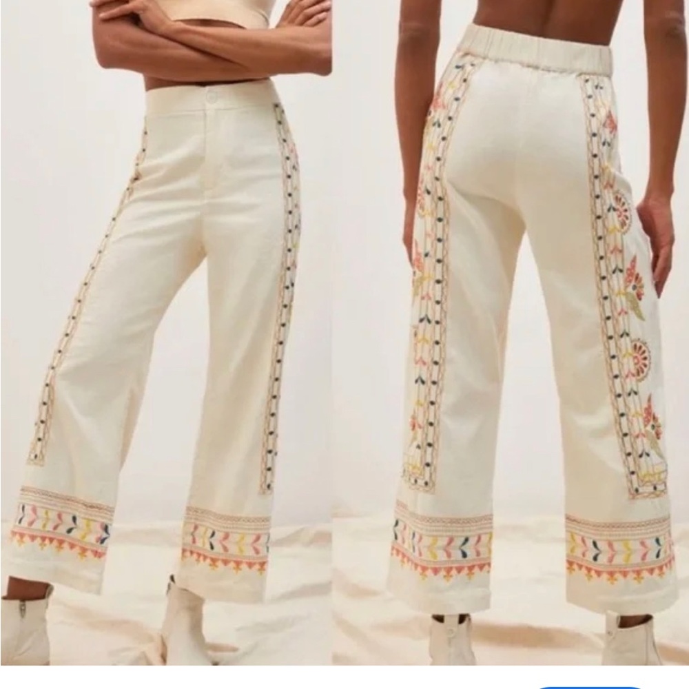 Anthropologie Off-White Embroidered Wide-Leg Pants